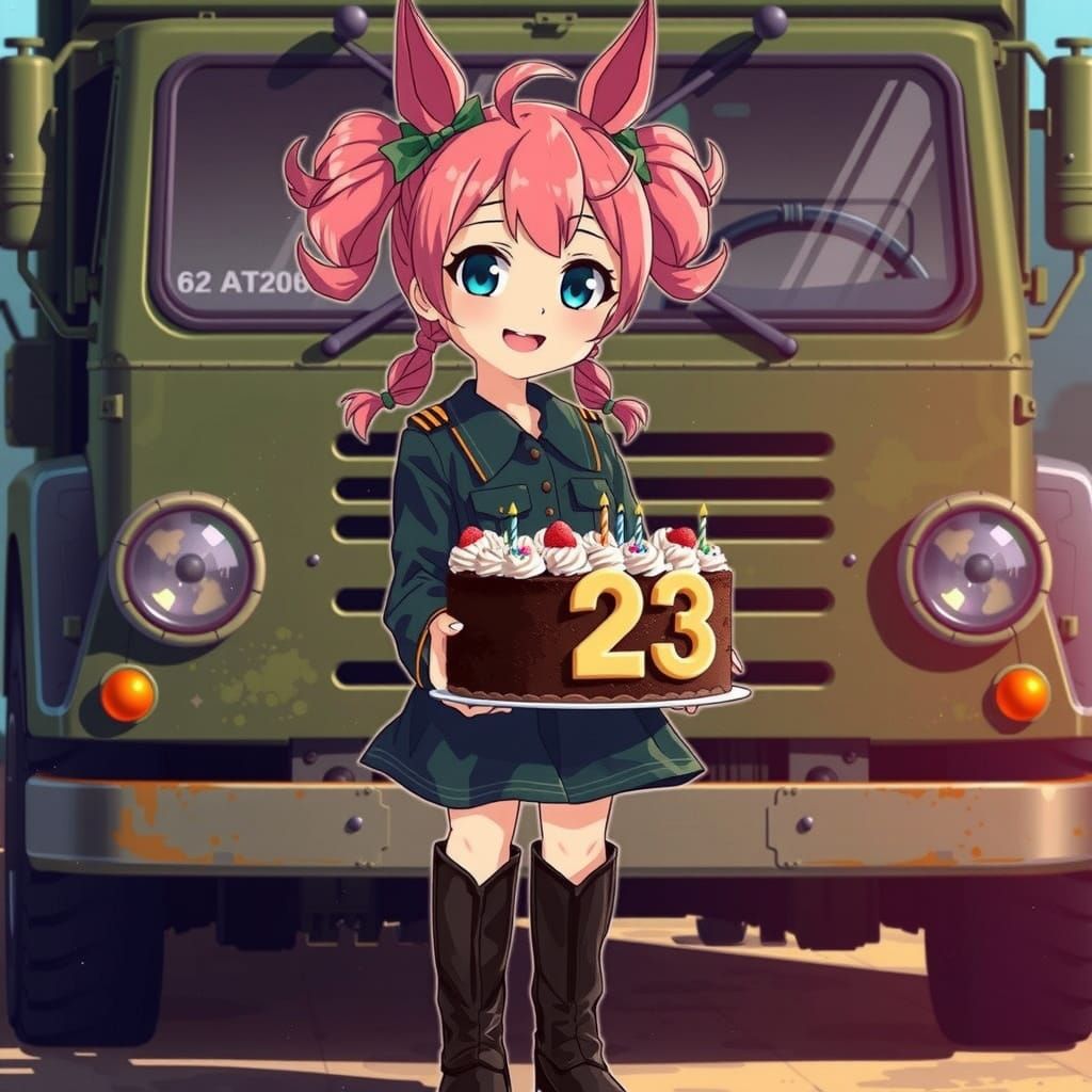 Girl with Pink Hair and Horse Ears Poses with Chocolate Cake...