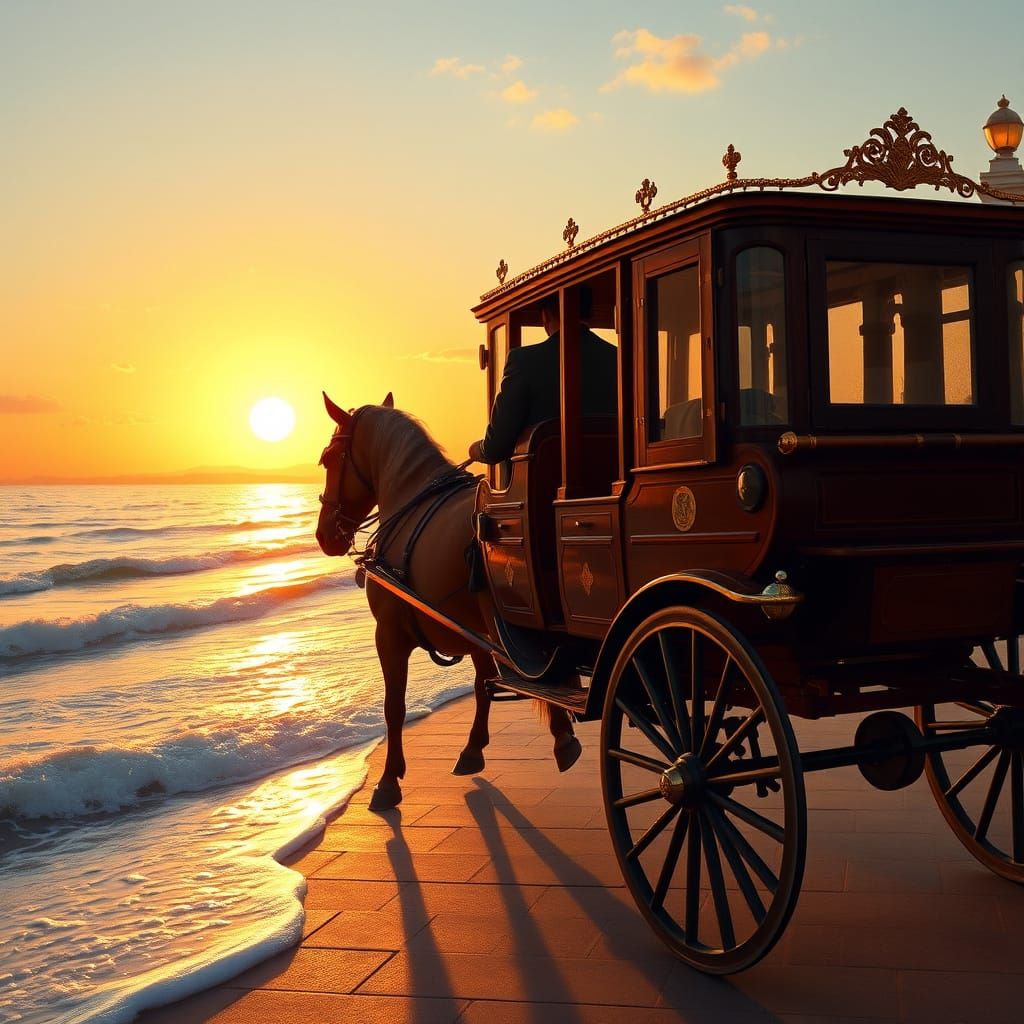 Elegant Horse Carriage Rides Along Seaside Promenade at Suns...