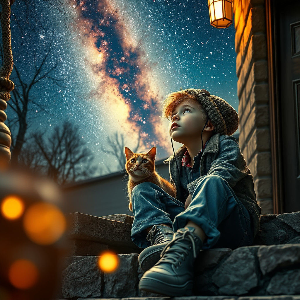 Boy and Cat Stargazing: Hyperrealistic Oil Painting