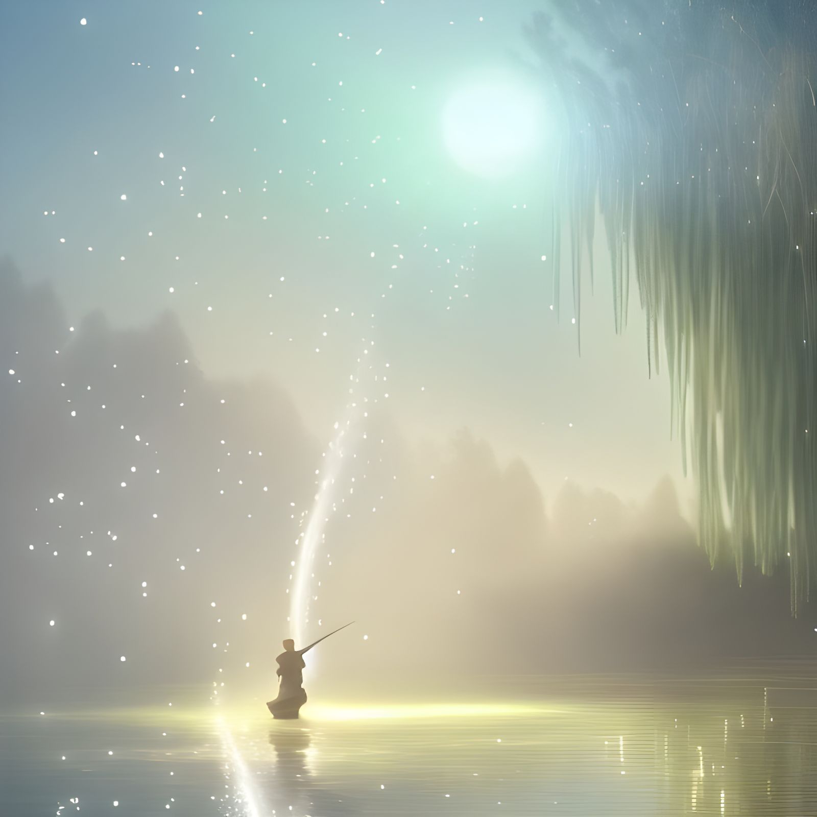 Willow Tree Digital Painting with Luminous Sparkles