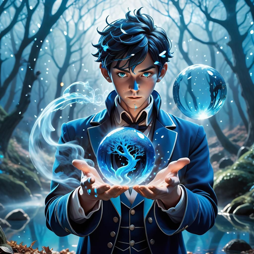 Anime Magician Casting Blue Spell, Ghibli Style