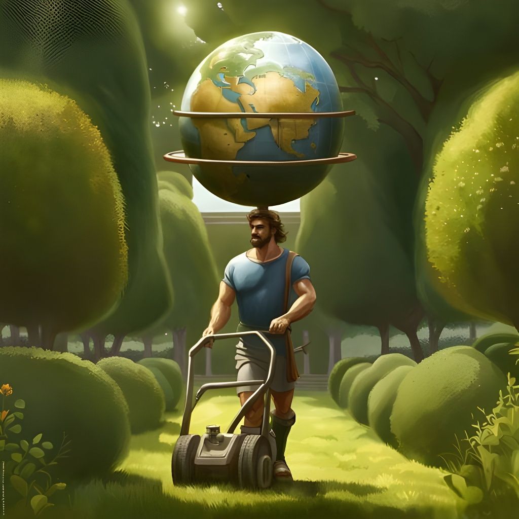 Atlas Mows Lawn with World on Shoulders