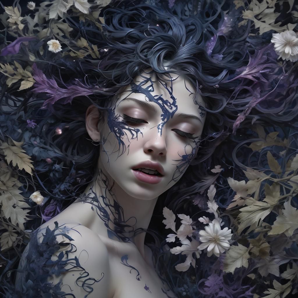 Tormented Woman in Anguish with Floral Vines