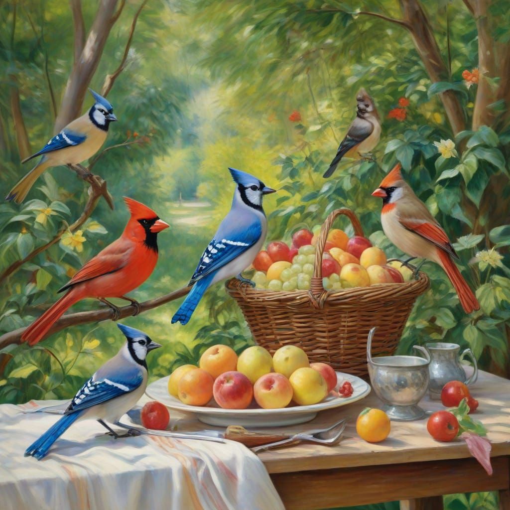 Colorful Birds in Whimsical Outdoor Scene