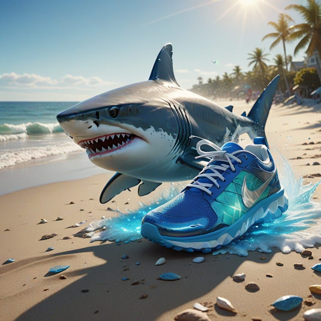 Vibrant Shark Strolls on Beach in Nike Shoes