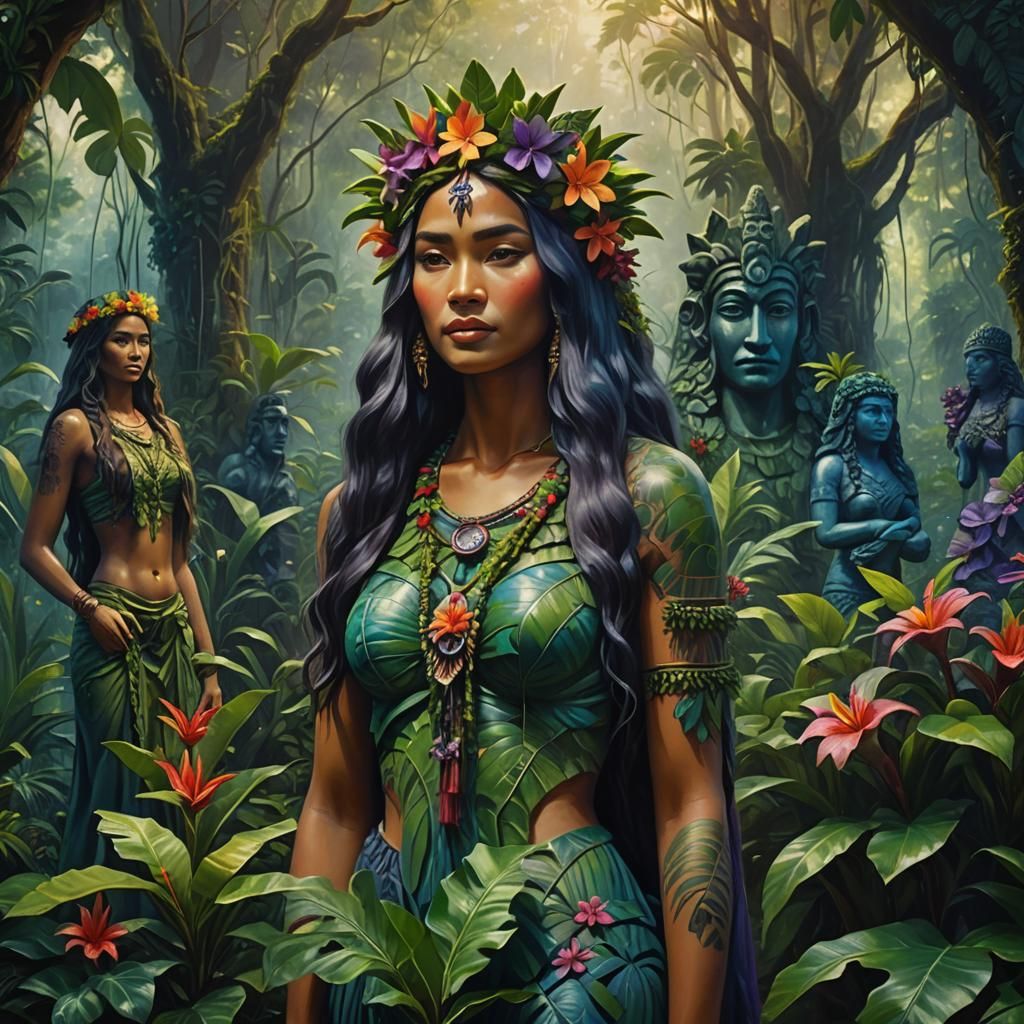 Majestic Hawaiian Priestess in Dreamlike Oil Painting