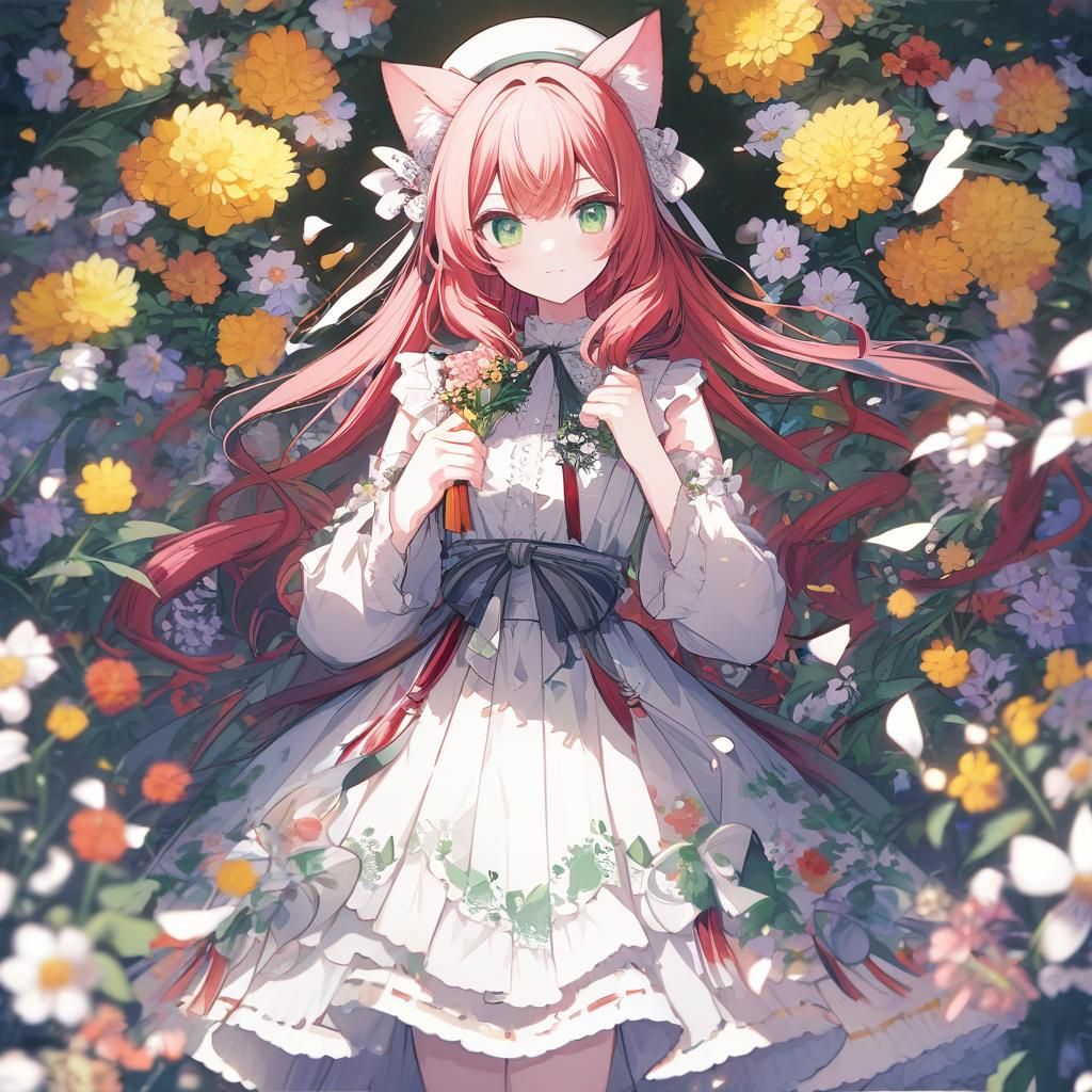 Anime Nekomimi Girl with Red Hair and Flowers