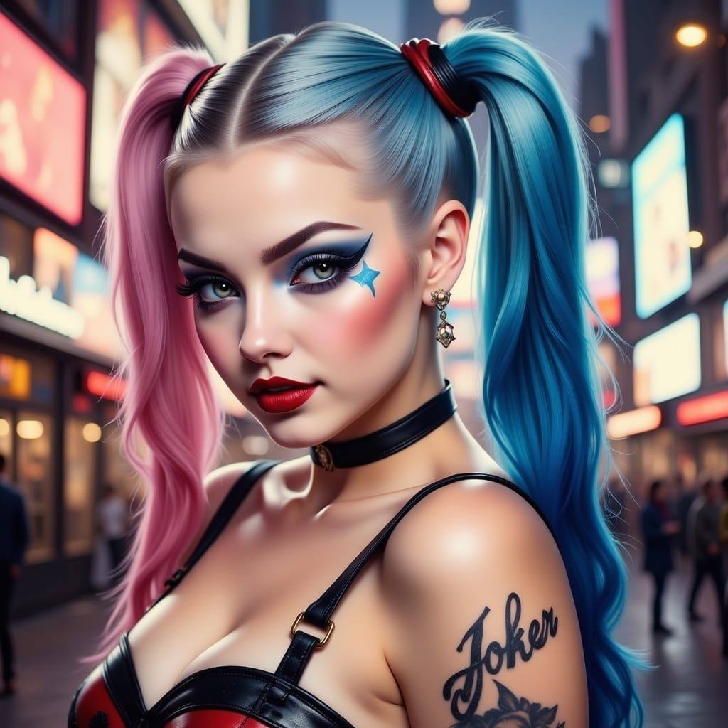 Hyperrealistic Harley Quinn Pinup in Times Square