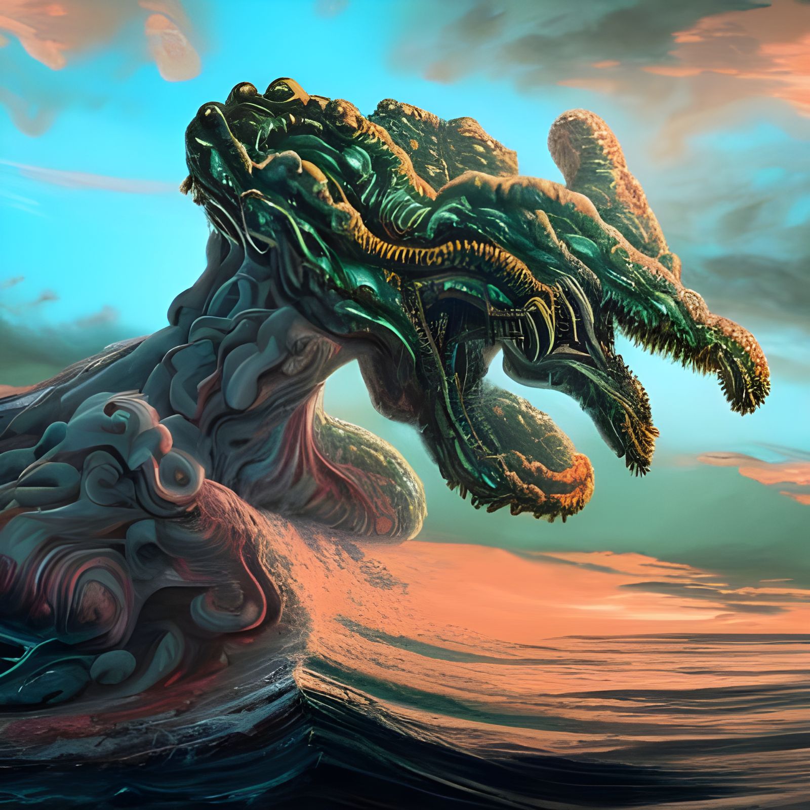 Angry Hydra Eats Cloud in Biopunk Synthwave Style