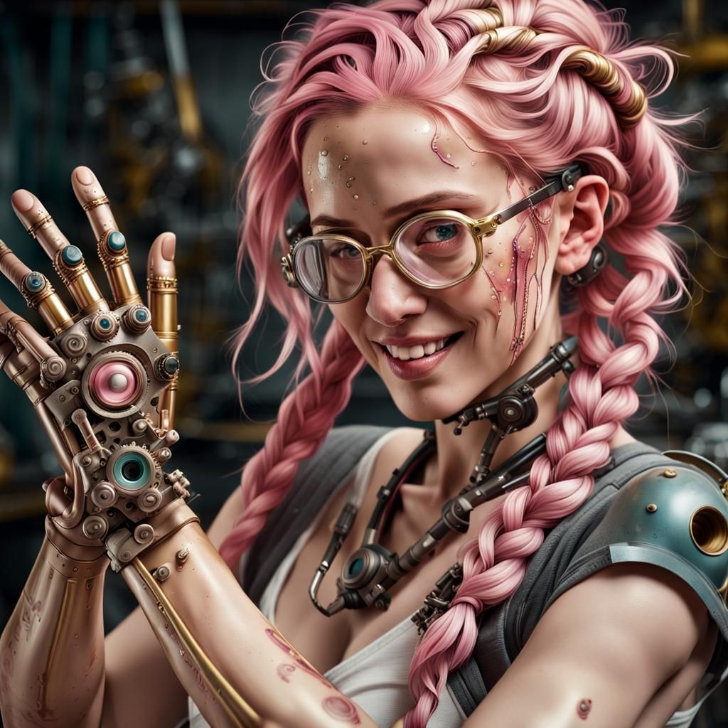 Artificer Woman Repairs Mechanism with Prosthetic Arm