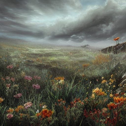 Majestic Flower in Desolate Landscape, Detailed Digital Pain...