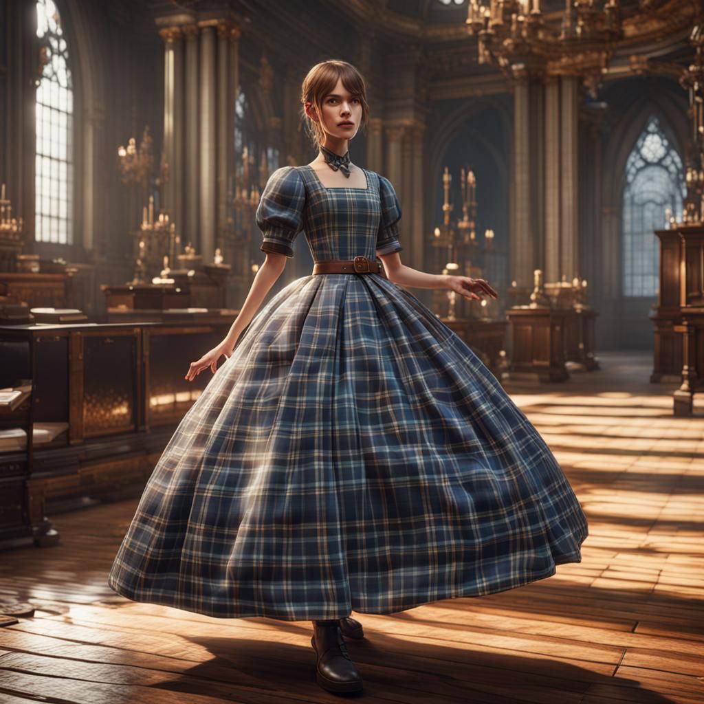 Plaid Dress in 3D Game Cinematic Style