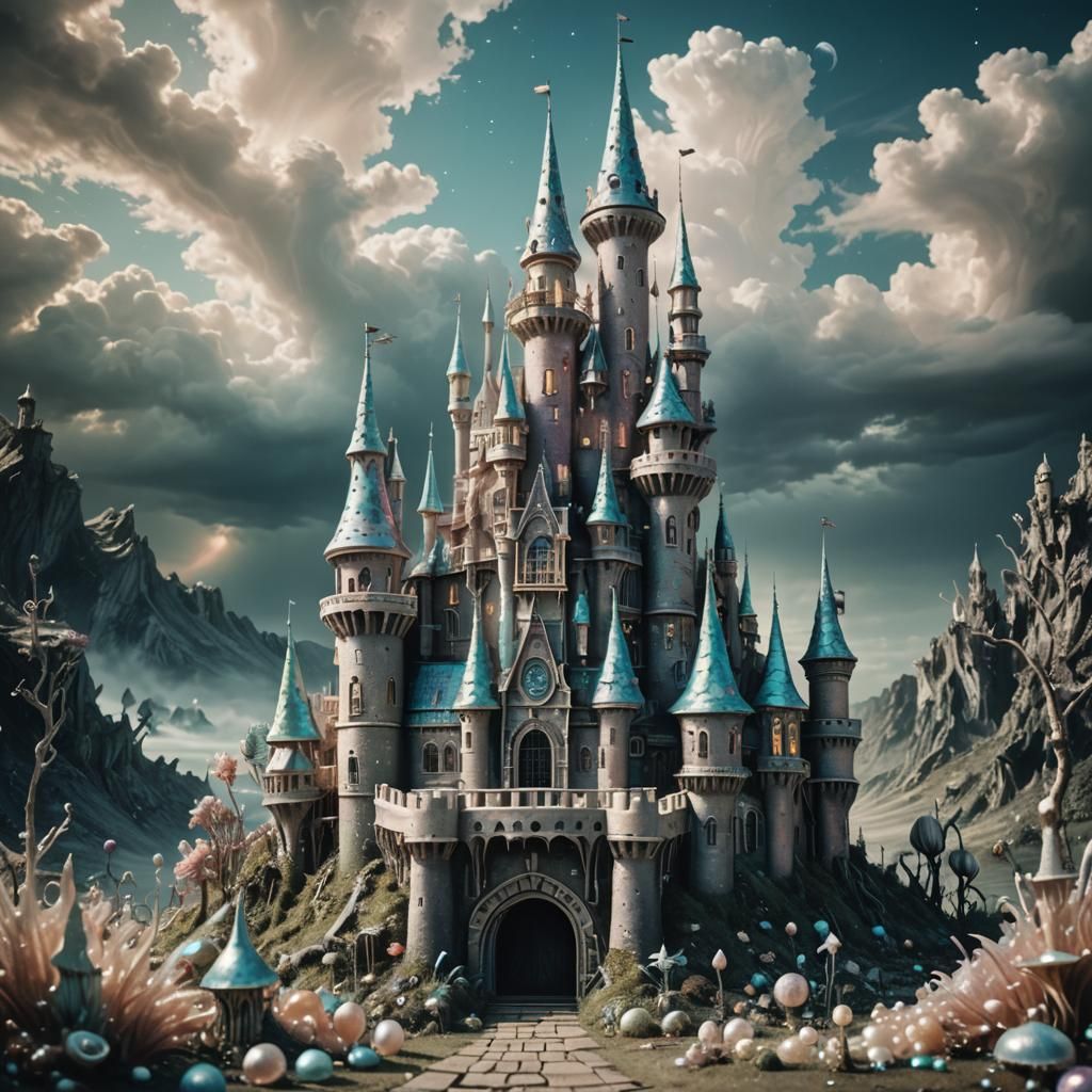 Iridescent Nacre Castle in a Surreal Style