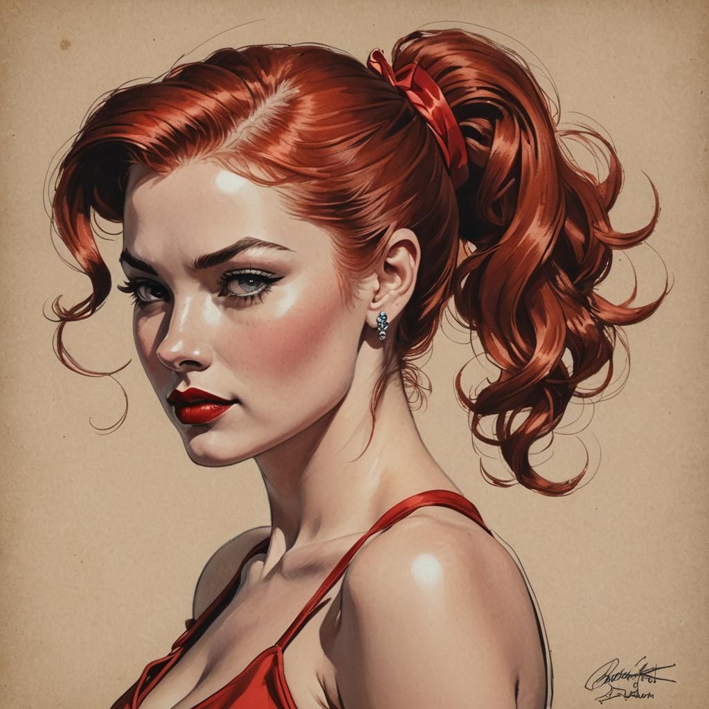 Glamorous Miss Scarlet in Vintage Pin-Up Sketch