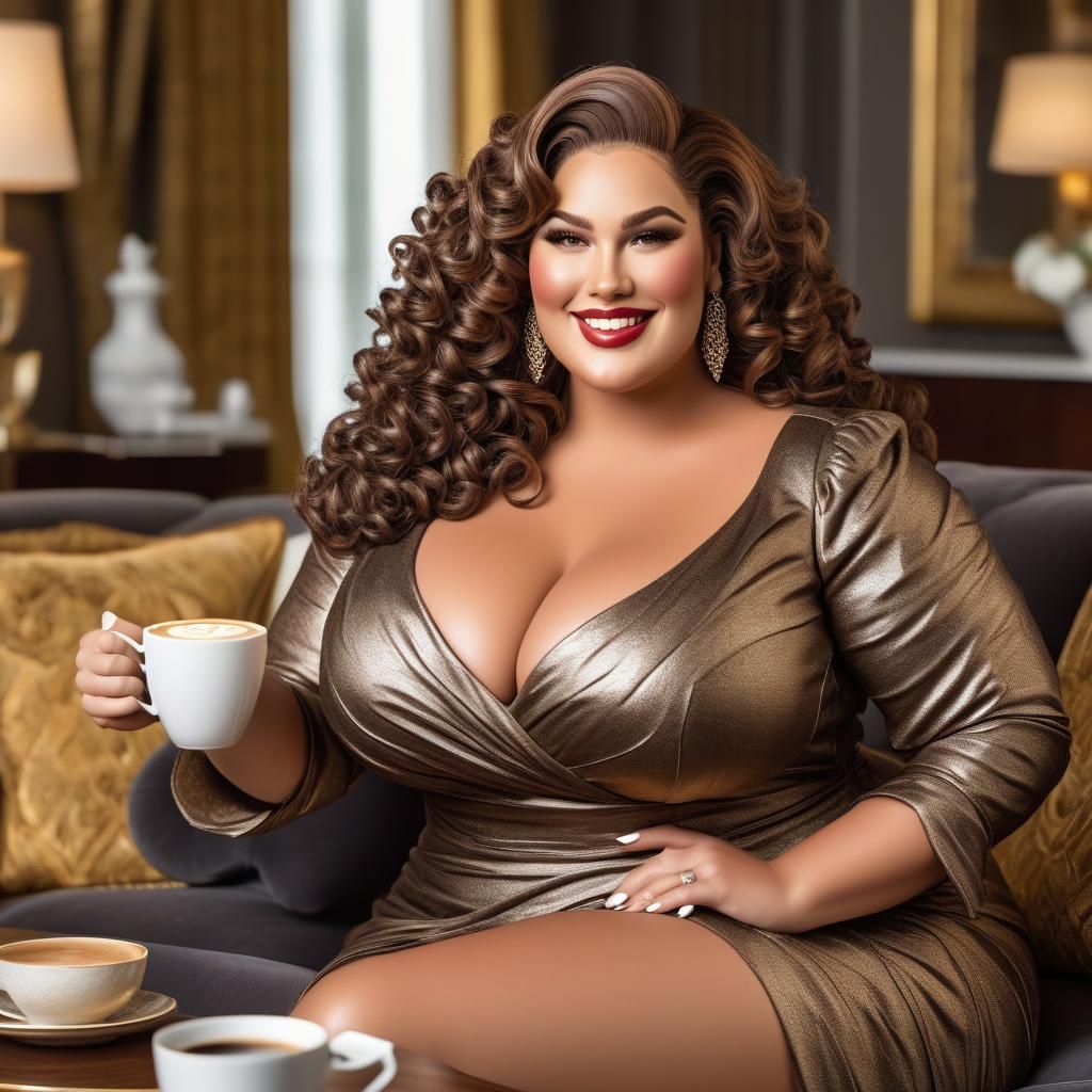 Stunning Plus-Size Woman with Man Admiring Figurine