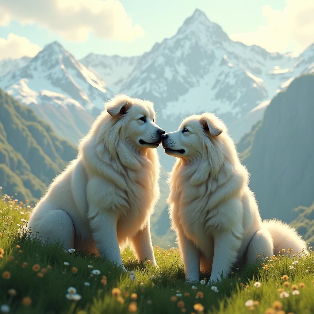 Elderly Great Pyrenees Couple in Lush Landscape