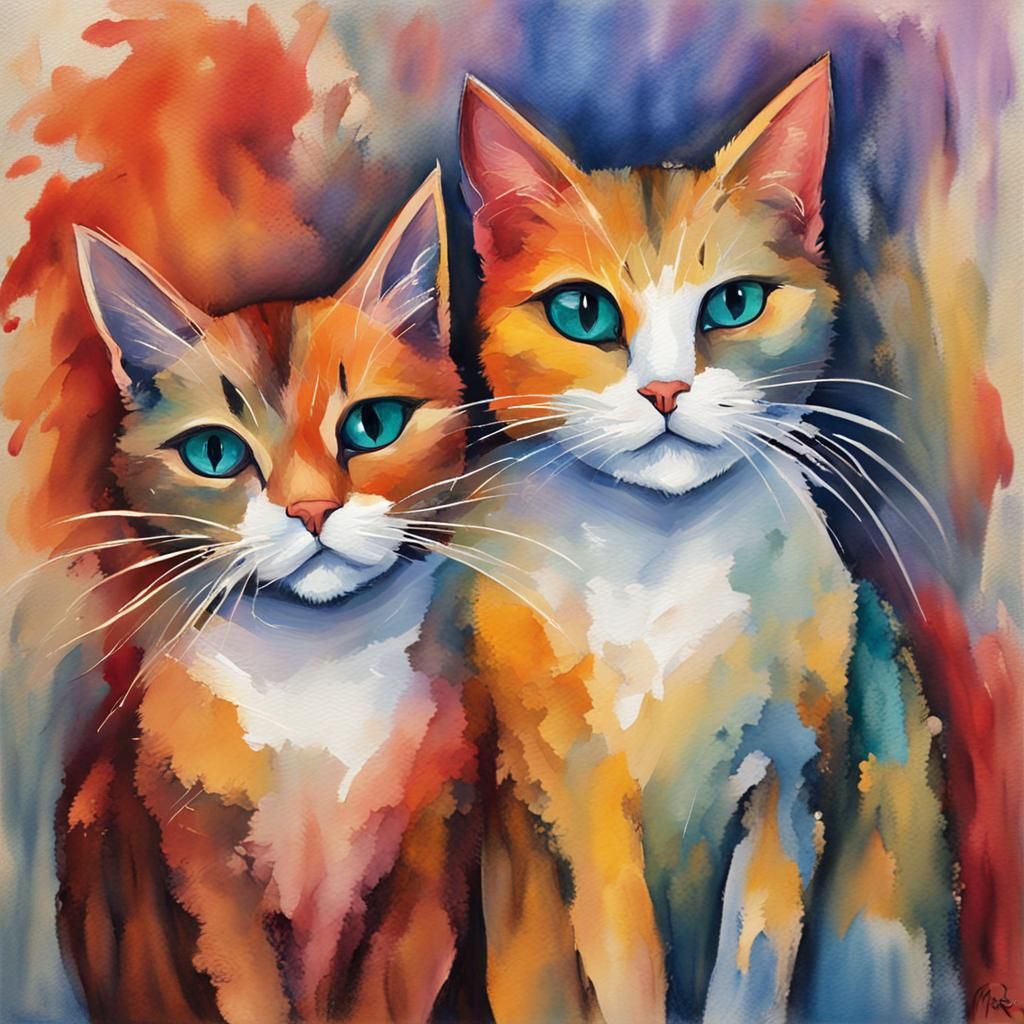 Abstract Cats in Gouache Style