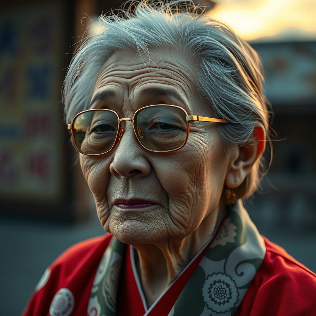 Wise Japanese Woman's Portrait, Telling a Life Story in Wrin...