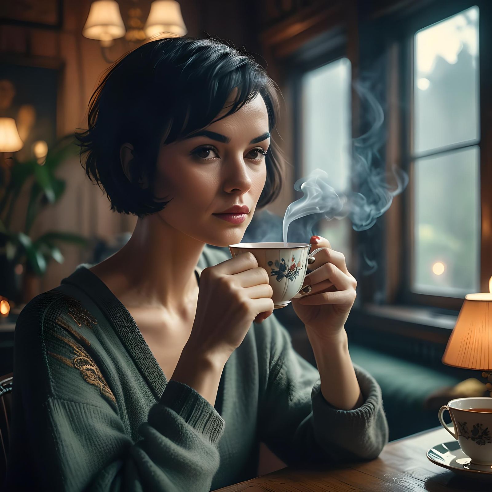 Contemplative Woman Sipping Tea: A Cinematic Portrait