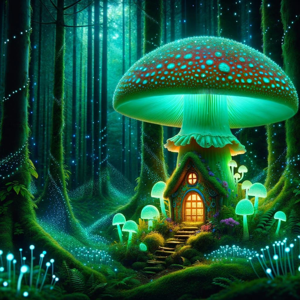 Whimsical Mushroom Abode in Enchanted Bioluminescent Forest