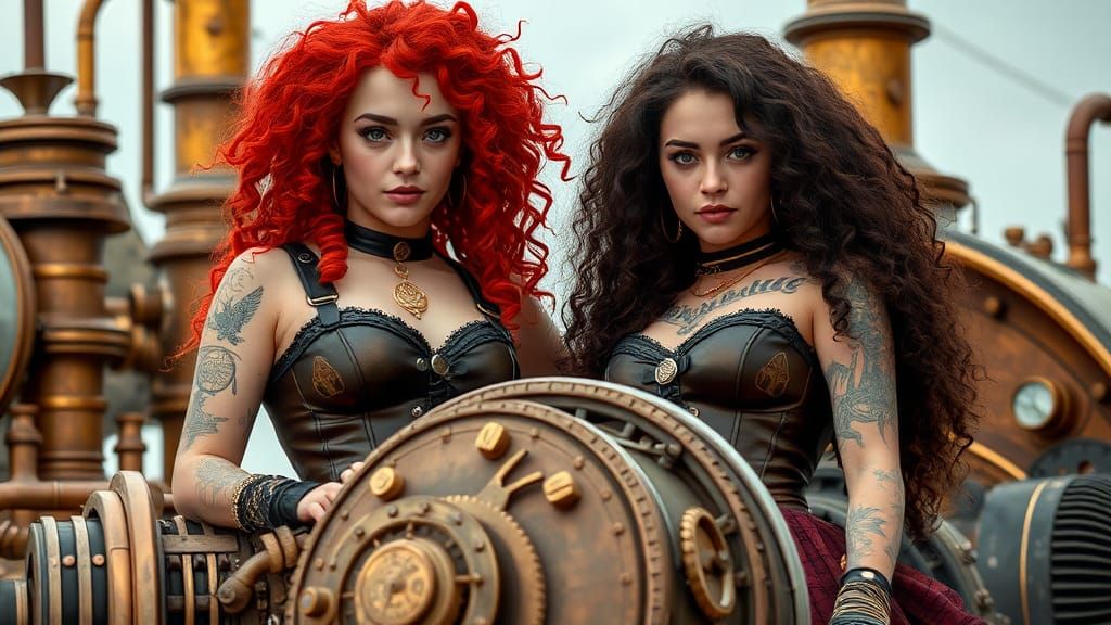 Steampunk Women with Intricate Locks and Steam-Powered Engin...