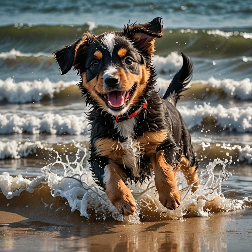 Adorable Puppy's Joyful Beach Day in High Resolution