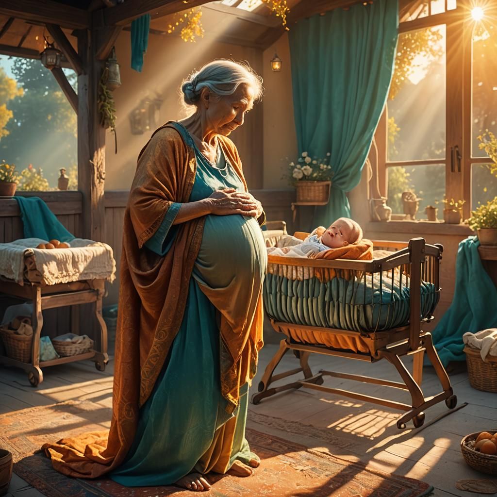 Pregnant Woman in a Sunlit Fantasy Landscape