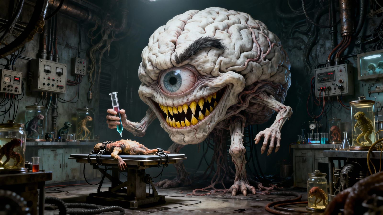 Monstrous Walking Brain with Evil Grin in Lab