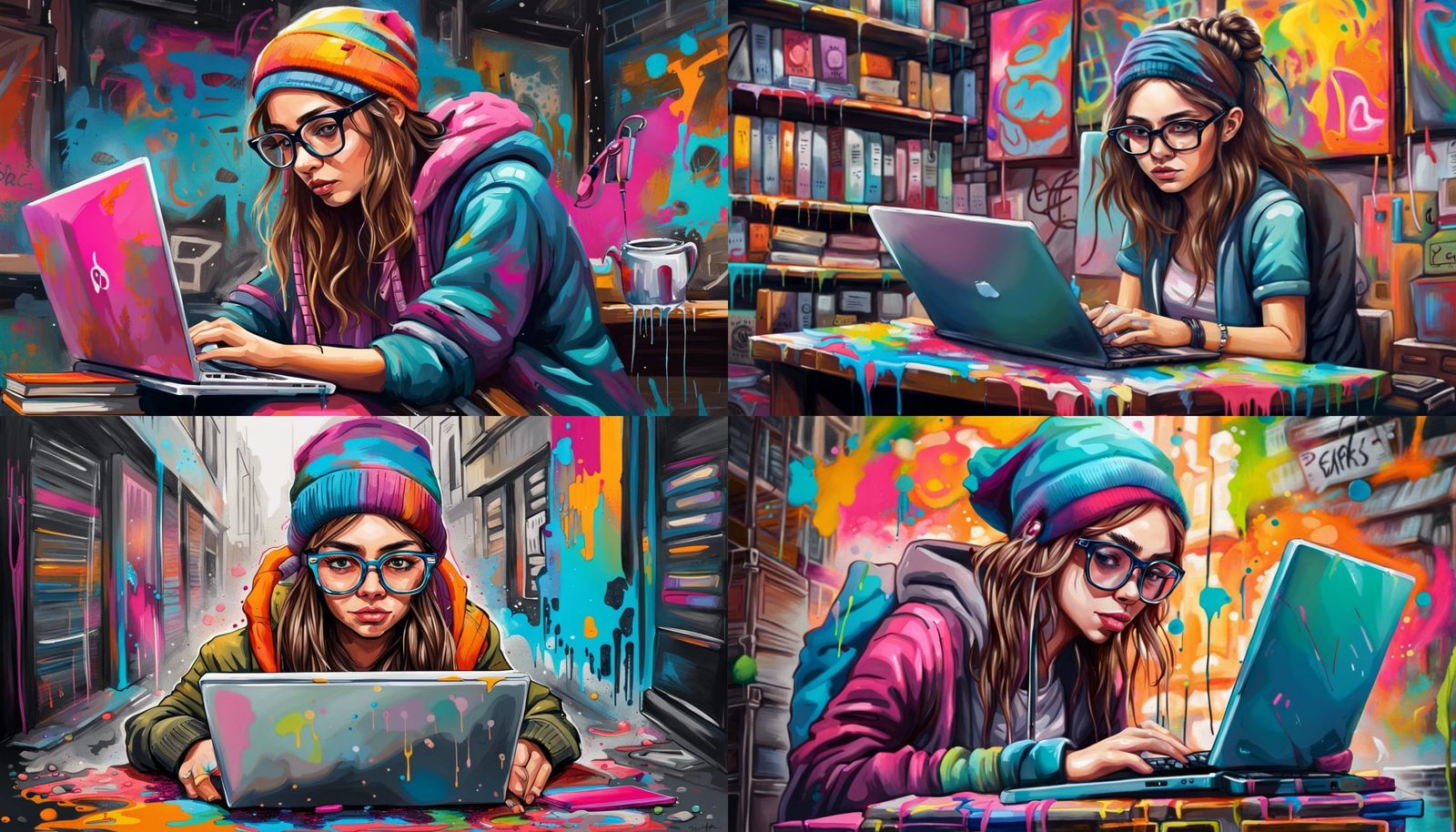Hipster Girl in Bookstore: Graffiti Street Art
