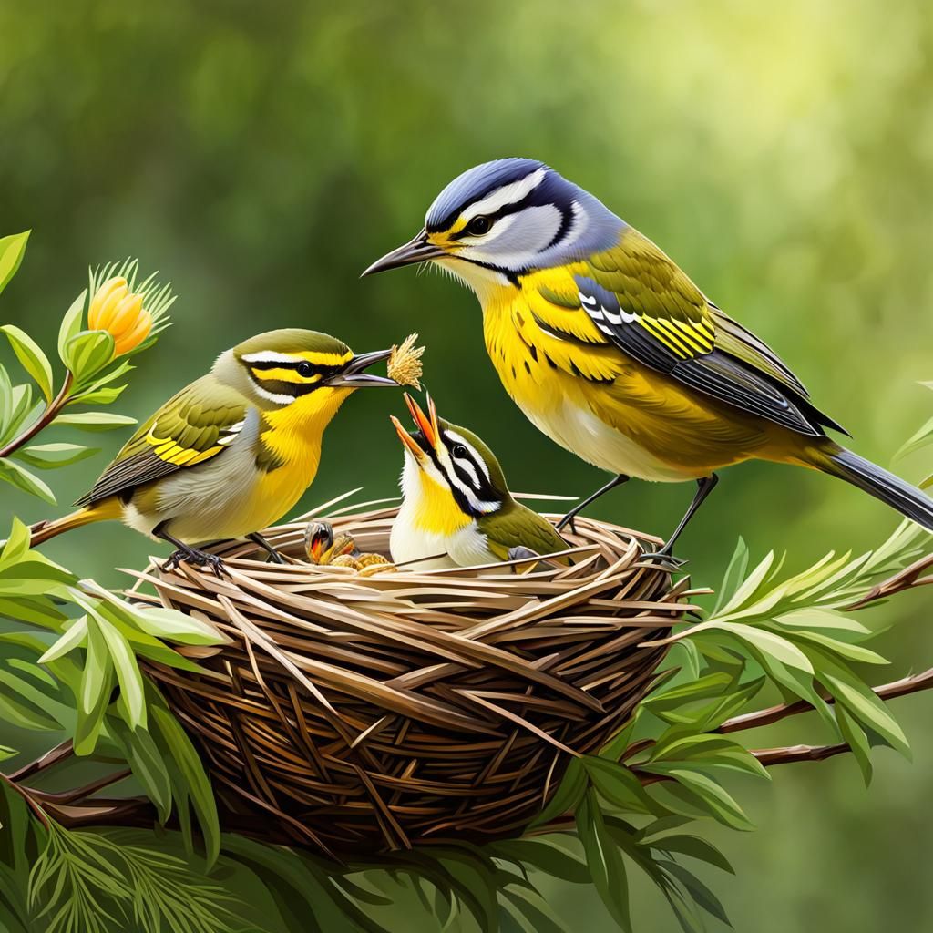 Prairie Warbler Feeds Babies: Digital Painting
