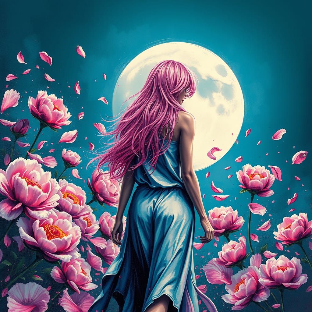 Woman in Peony Petals Under Full Moon