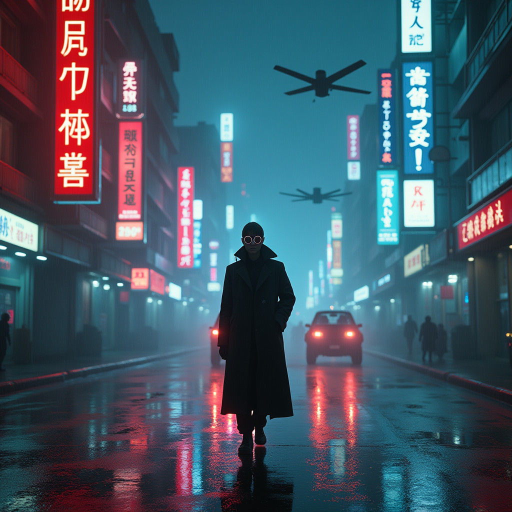 Cyberpunk Figure in Neon Metropolis with Retro-Futuristic Vi...