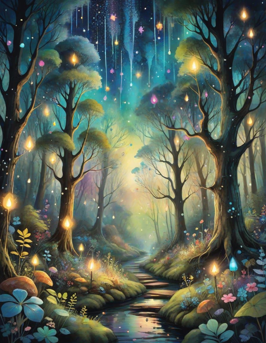 Enchanted Forest with Glowing Trees and Magical Lights