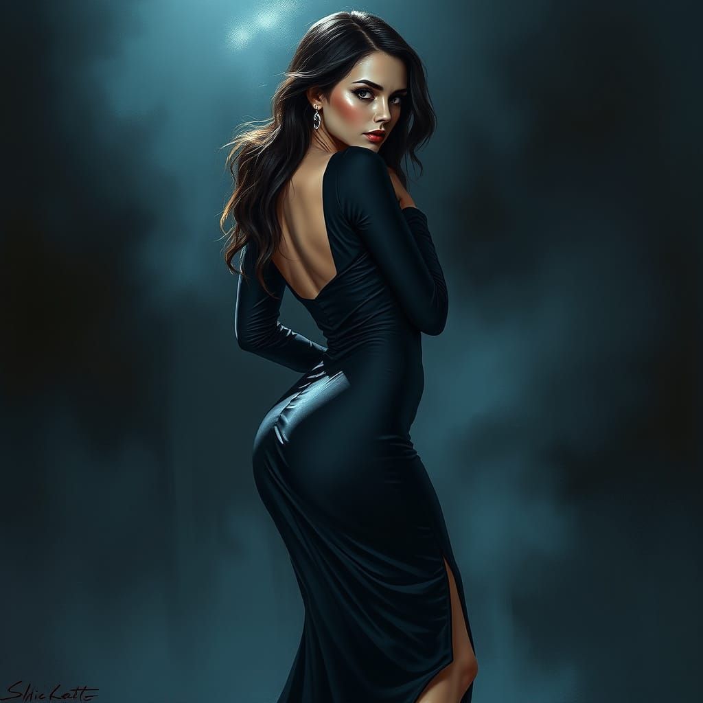Mysterious Seductress in Dark, Misty Elegance