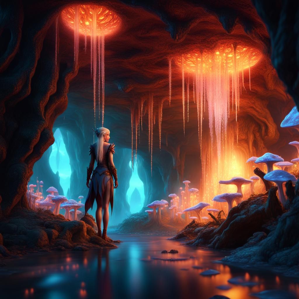 Drow Elf Exploring Glittering Crystal Cave