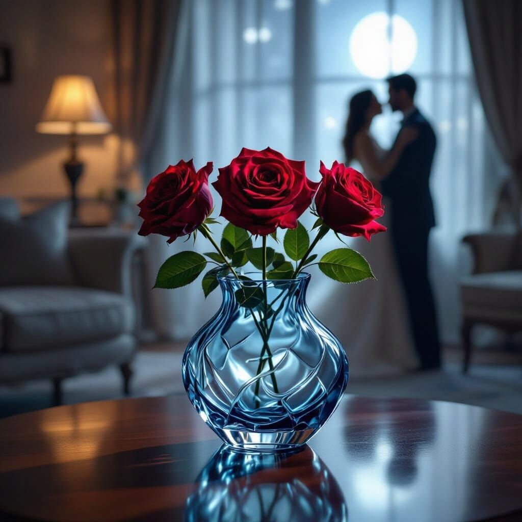 Roses in Crystal Vase with Dancing Couple