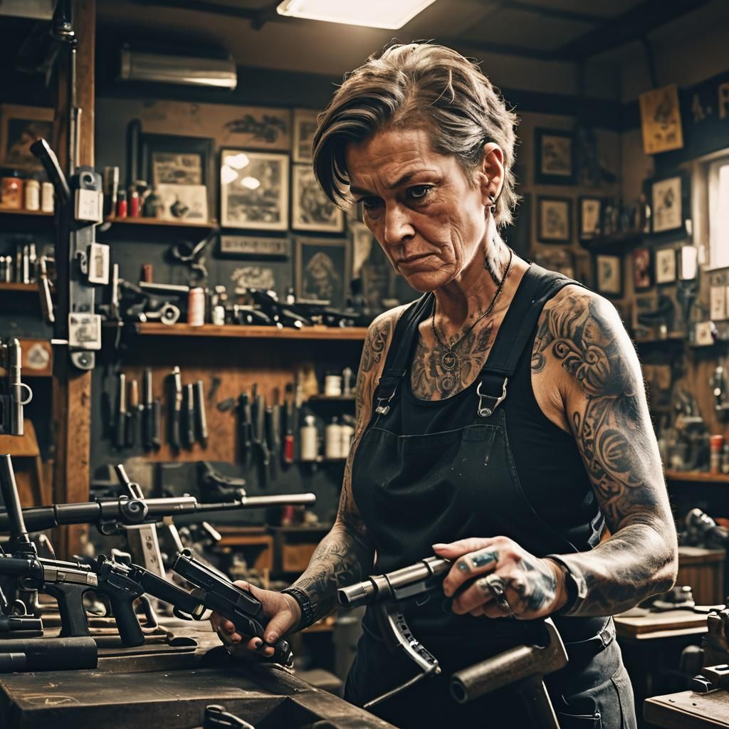 Tattooed Woman Cleans Guns in Gritty Backlit Shop