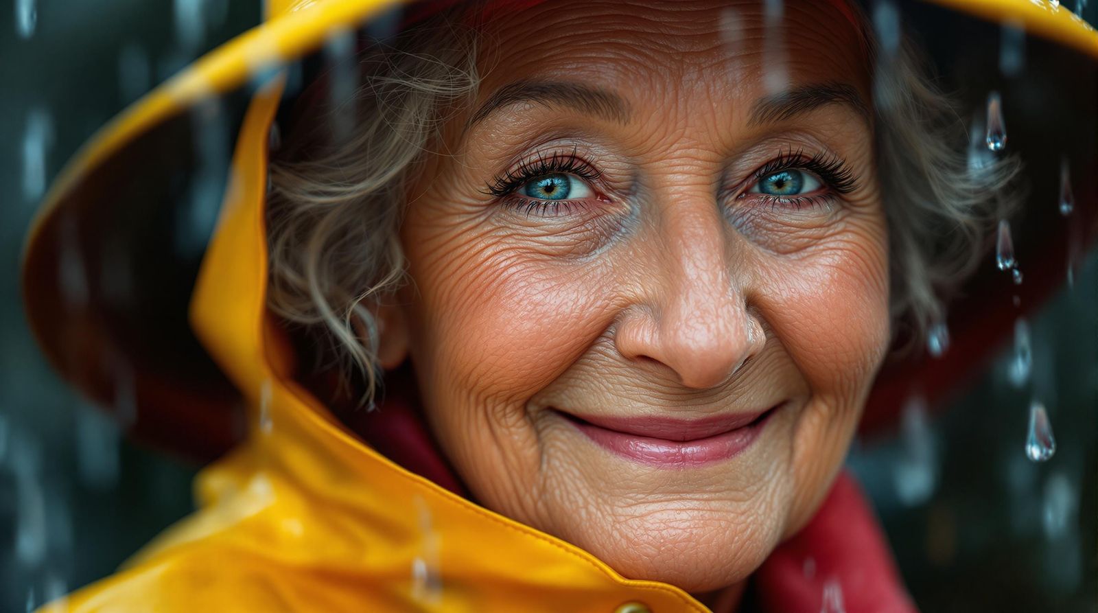 Hyperrealistic Portrait of a Happy Older Woman in the Rain