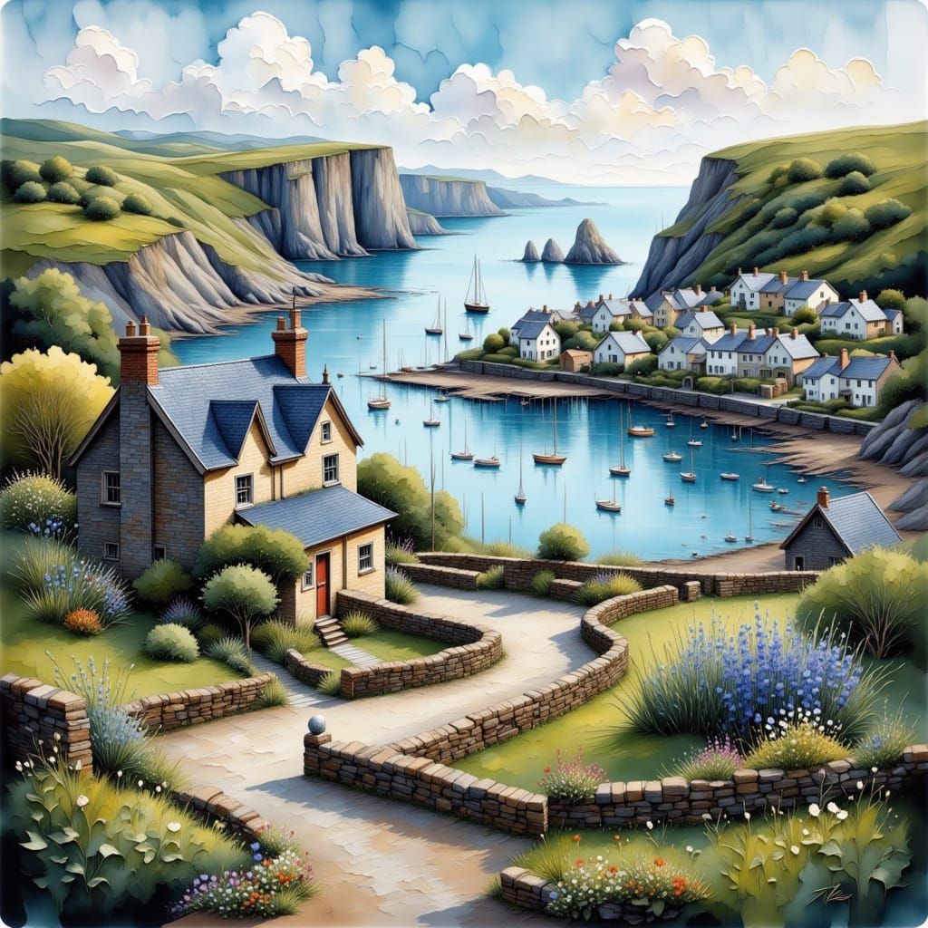 Cornish Harbour Village Scene with Pixie Cottage