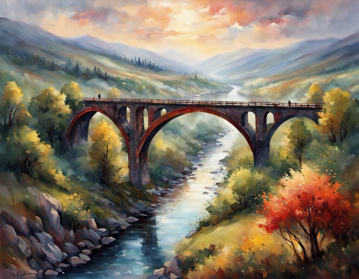 Ornate Steel Bridge Over Wild Valley at Golden Hour