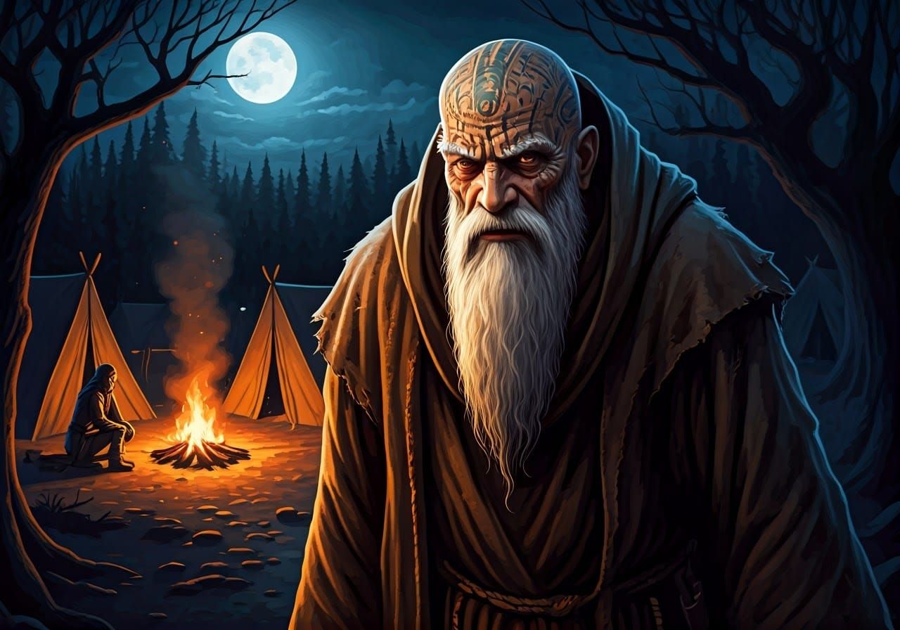Mysterious Prophet in Moonlit Camp: 1970s Fantasy Art