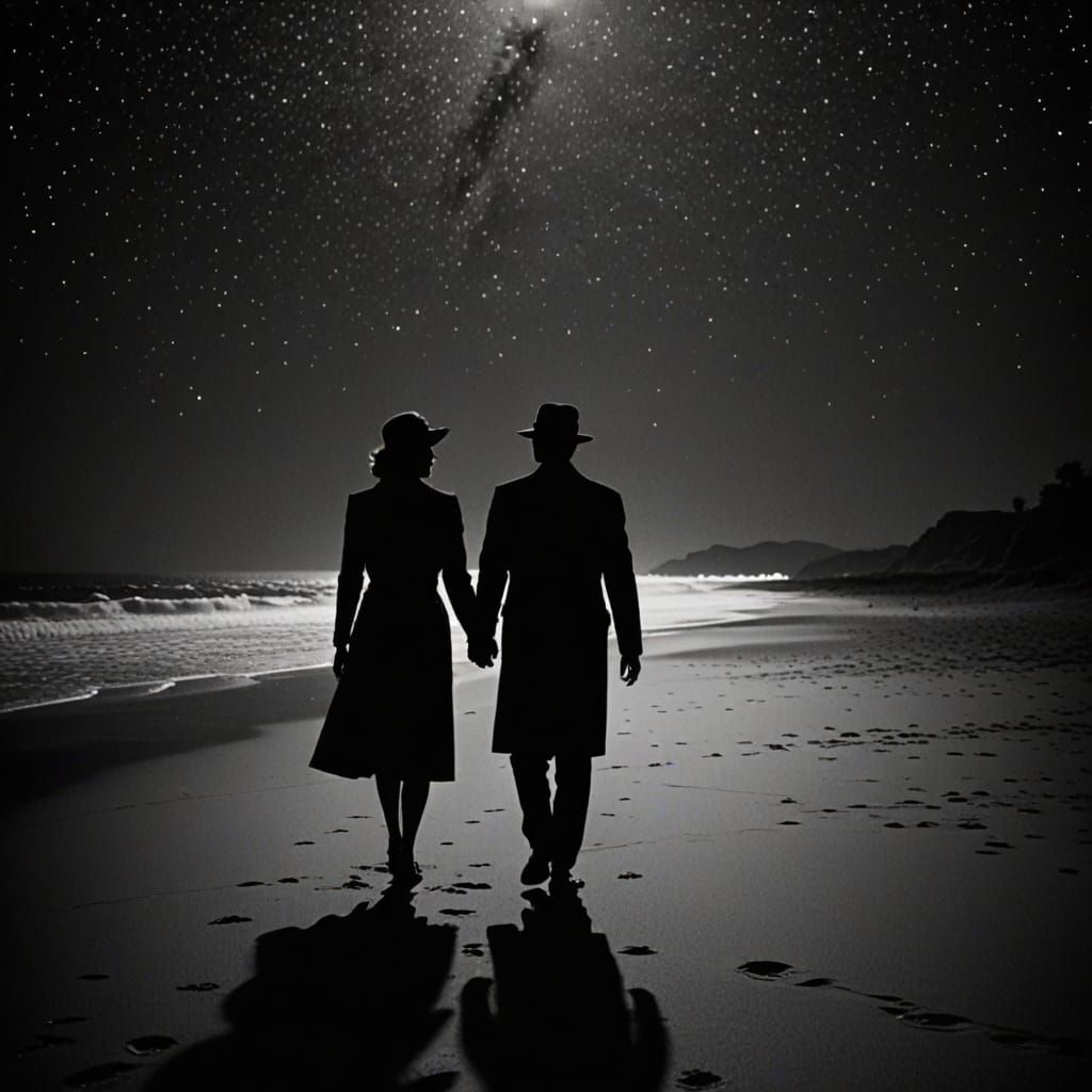 Romantic Couple on Beach Under Starry Sky in Film Noir