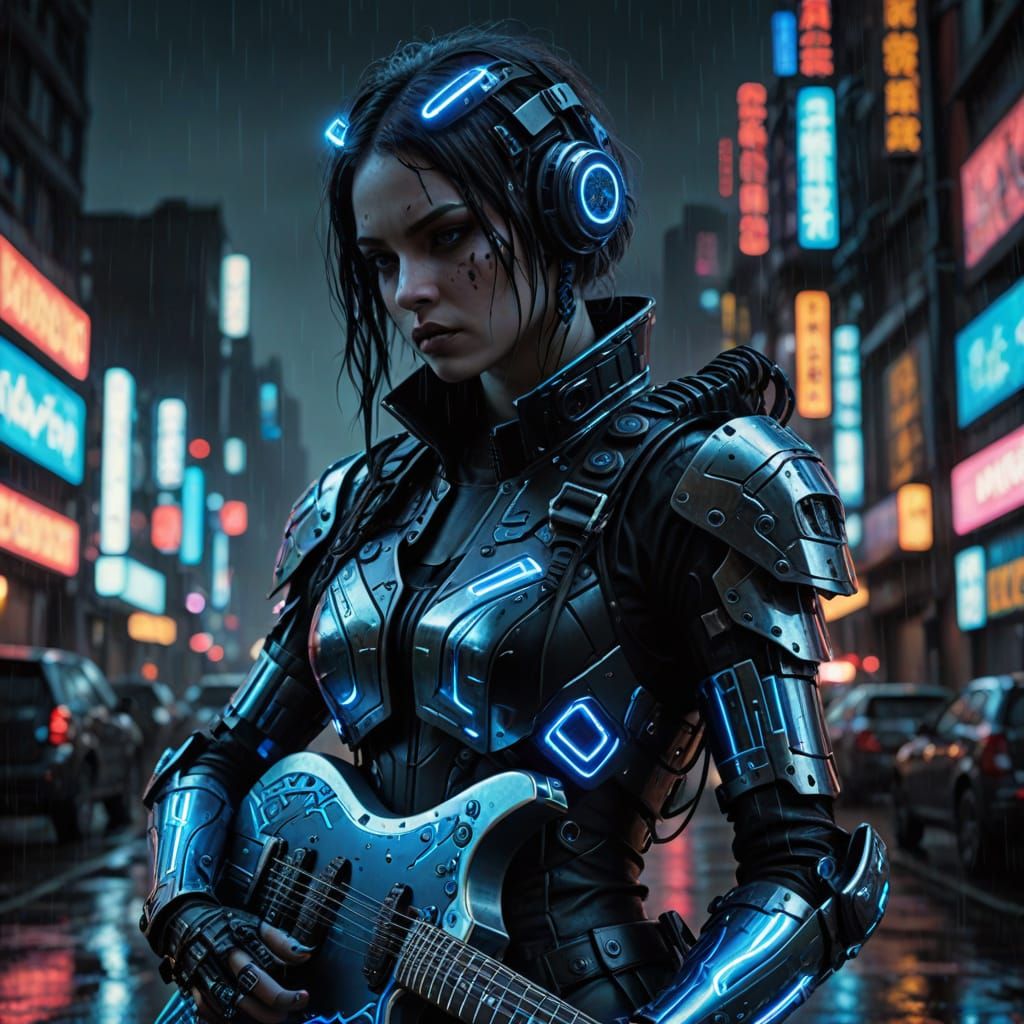 Cyberpunk Cyborg Guitarist in Gothic Sci-Fi Cityscape