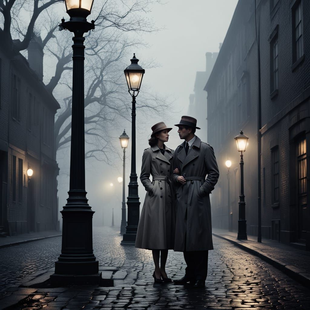 Noir Scene with Trench Coat and Lamppost