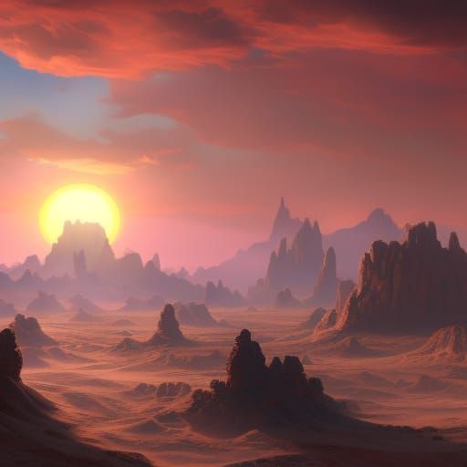 Fantastical Desert Sunrise in Detailed Digital Painting