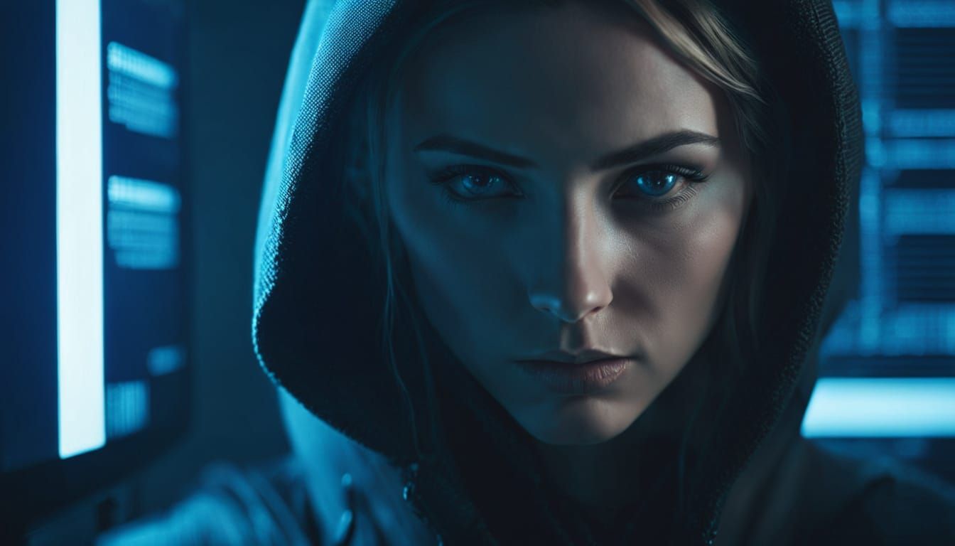 Cyberpunk Hacker in Dimly Lit Room