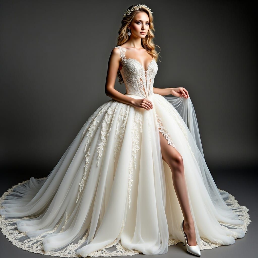 Elegant Italian Bride in White Organza Wedding Gown with Pea...