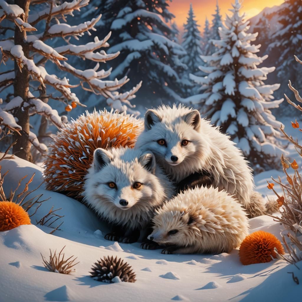 Fantasy Fox and Hedgehog in Snowy Landscape