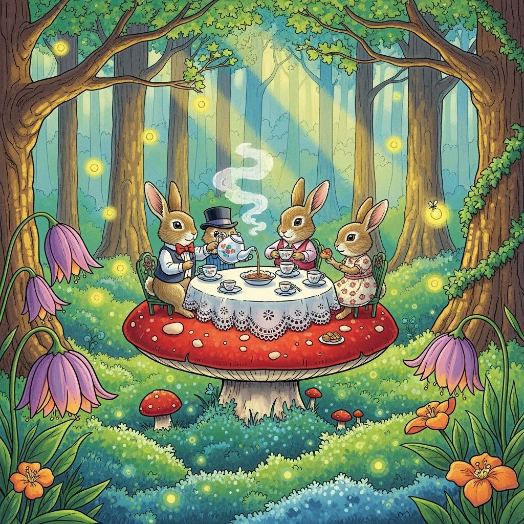 Rabbits Enjoy Tea Party on Giant Mushroom in Magical Forest