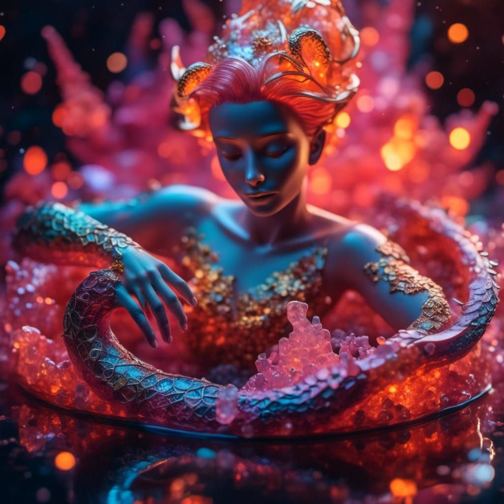 Glass Woman Statue in Dragon Bath, Surreal Oil Painting